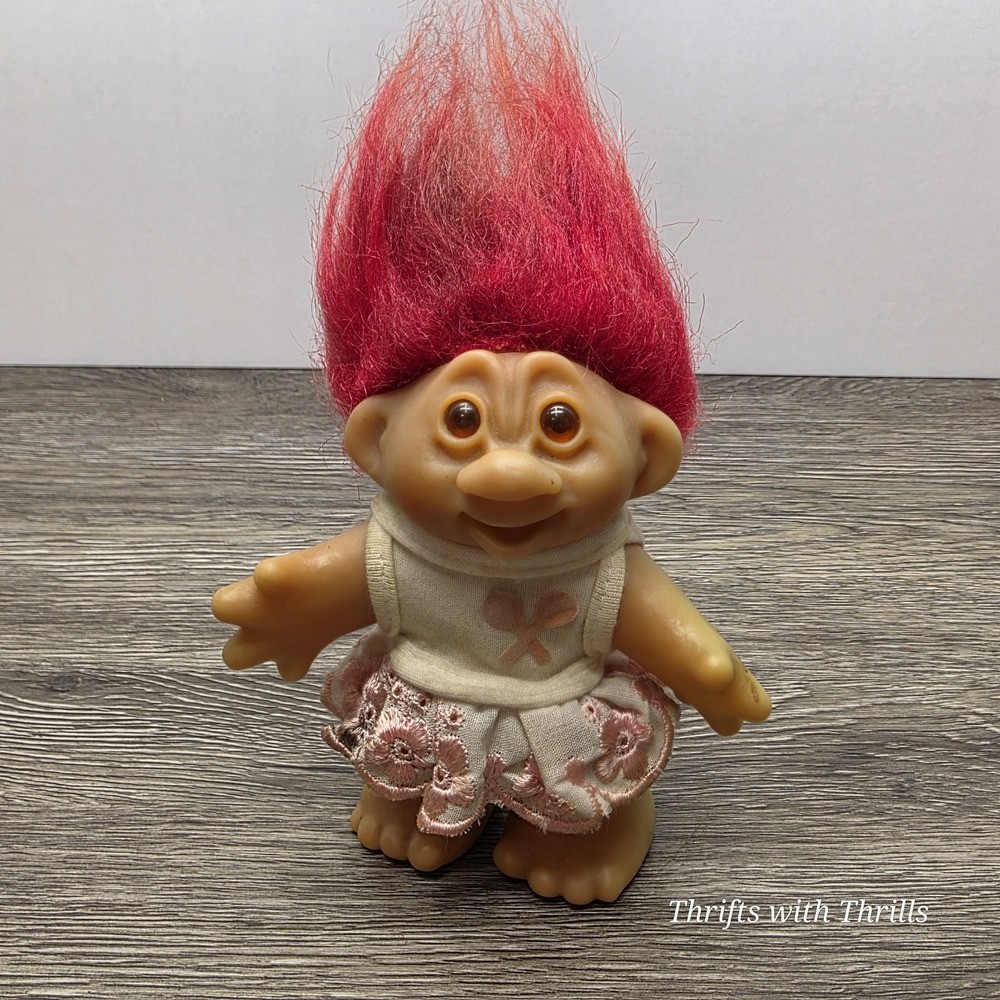 Vintage 1986 Dam Troll Doll 4.5 Inch Red Hair Amber Eyes Tennis Player Girl